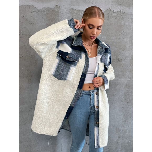 Blue Plaid Teddy Coat S & M - Picture 3 of 5